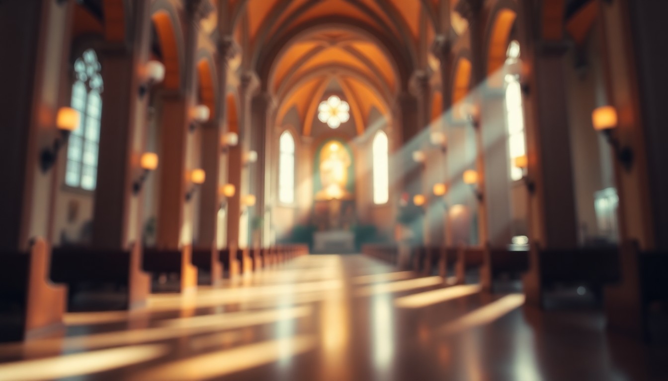 An abstract, impressionistic photograph of a church interior, with blurred shapes of light and color creating a serene, spiritual mood.