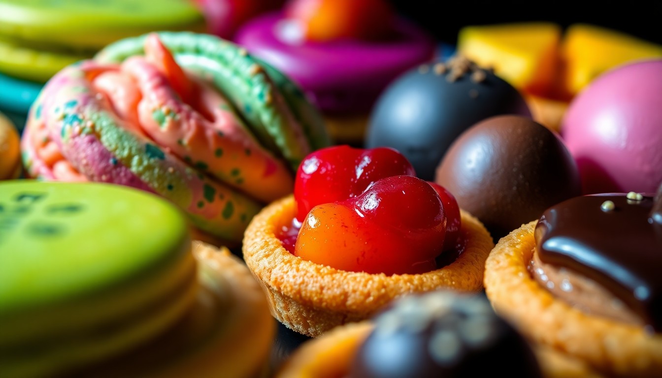 An extreme close-up photograph of vibrant, textured vegan desserts like colorful macarons, glistening fruit tarts, and decadent chocolate truffles, shot in dramatic high-contrast studio lighting to capture the luxurious, high-end glamour of the event.