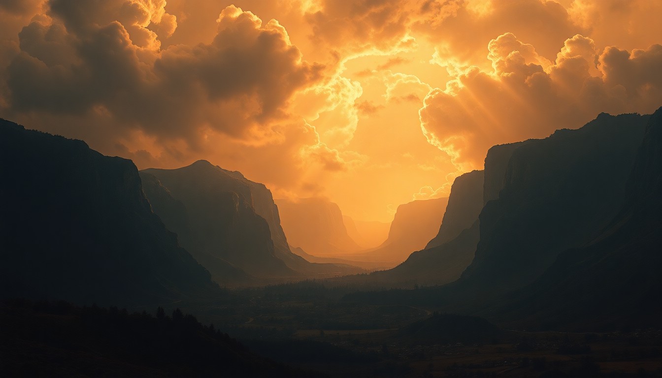 A sweeping, atmospheric landscape painting in muted tones of orange, yellow, and grey, with a distant silhouette of a residential neighborhood barely visible through the hazy, oppressive heat.