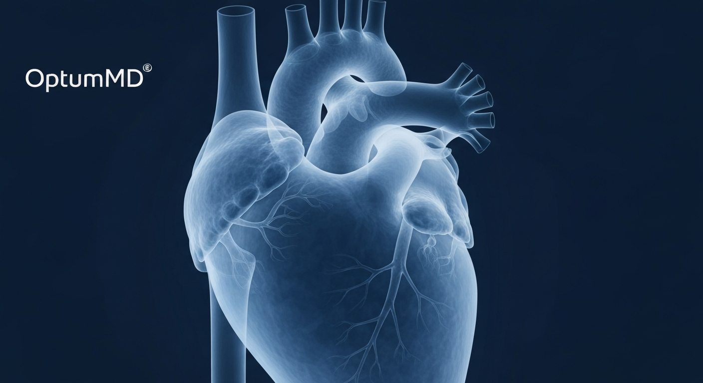 A translucent, ghostly X-ray image of a human heart rendered in shades of blue and gray, conceptually representing the internal, prevention-focused approach of the OptumMD healthcare clinic.