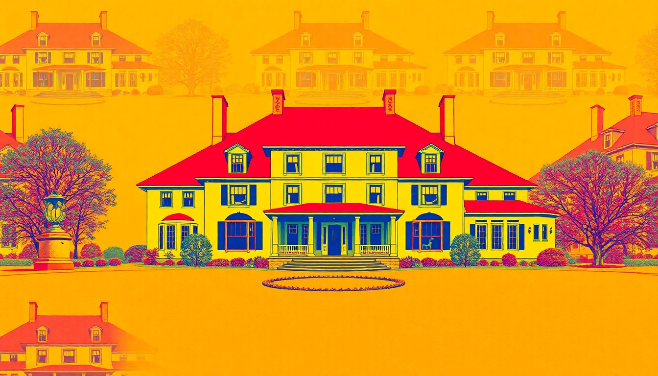 A bold, colorful silkscreen-style illustration featuring a repeating grid pattern of a large, stately colonial-style mansion, conceptually representing the luxury real estate market in the suburbs surrounding major cities.