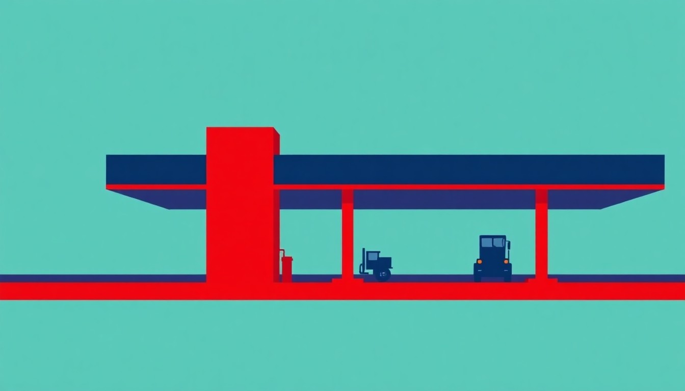 A minimalist illustration using bold geometric shapes and primary colors to conceptually represent the rising cost of fuel and its impact on the economy of West Virginia.
