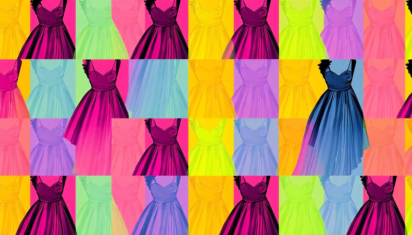 A brightly colored, high-contrast silkscreen print featuring repeated images of Holayn Marandu's prom dress design, captured in a vibrant pop art style that captures the joyful energy and creative spirit of this collaborative project.