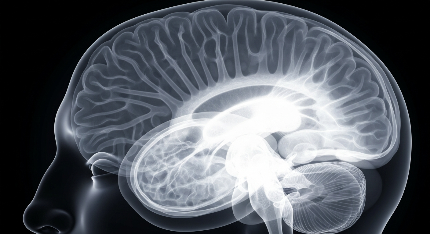 A ghostly, translucent X-ray image revealing the complex internal structures of a human brain, conceptually representing the integration of mental health and addiction treatment.