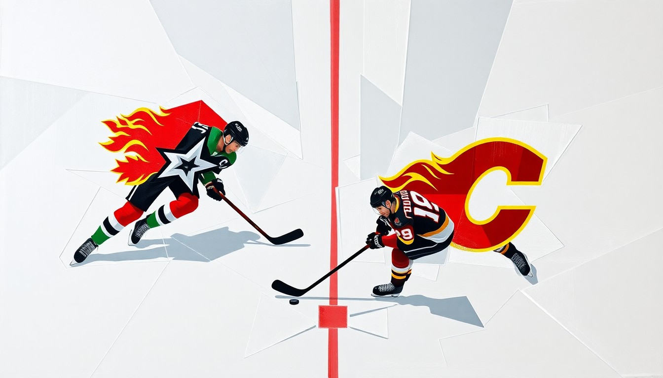 A fractured, multi-perspective painting depicting a hockey game between the Dallas Stars and Calgary Flames, with the players and ice deconstructed into sharp, overlapping geometric planes in the style of Pablo Picasso. The color palette features the official team colors, creating a visually striking and conceptual representation of the high-stakes matchup.