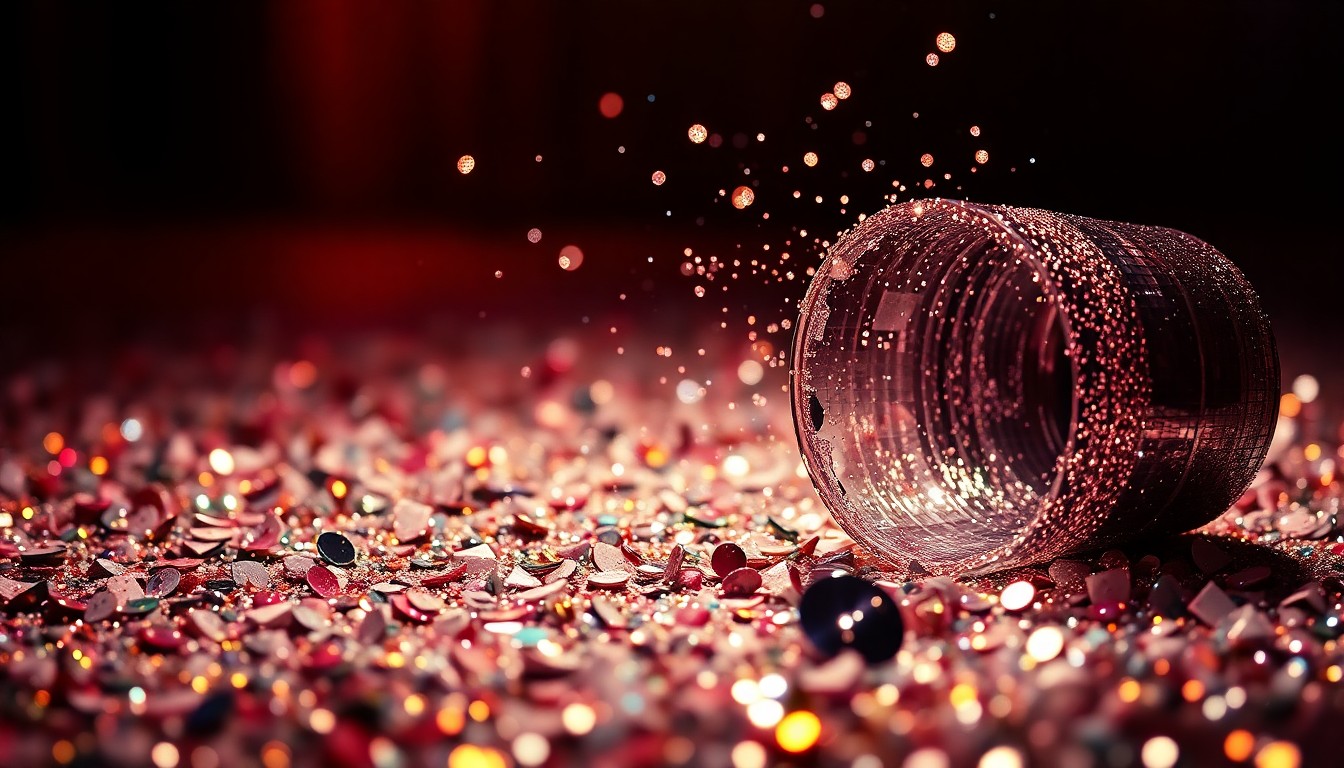 An extreme close-up photograph of shimmering sequins and shattered glass, capturing the glamour and energy of a celebrity event through dramatic lighting and abstract textures.