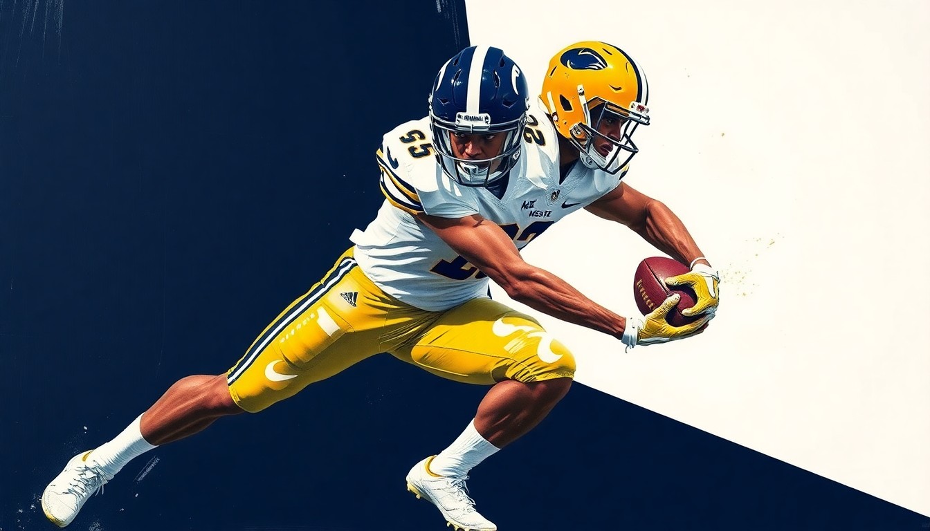 A cubist, geometric painting depicting the fragmented motion of a football player blocking, with sharp planes of navy, gold, and white colors representing Penn State's team palette.