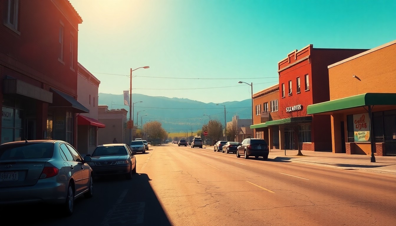 A warm, cinematic painting of a quiet, sunlit street in Garden City, Idaho, with a few parked cars and a glimpse of the Boise River in the background, capturing the tranquil mood of the neighborhood under consideration for rezoning.