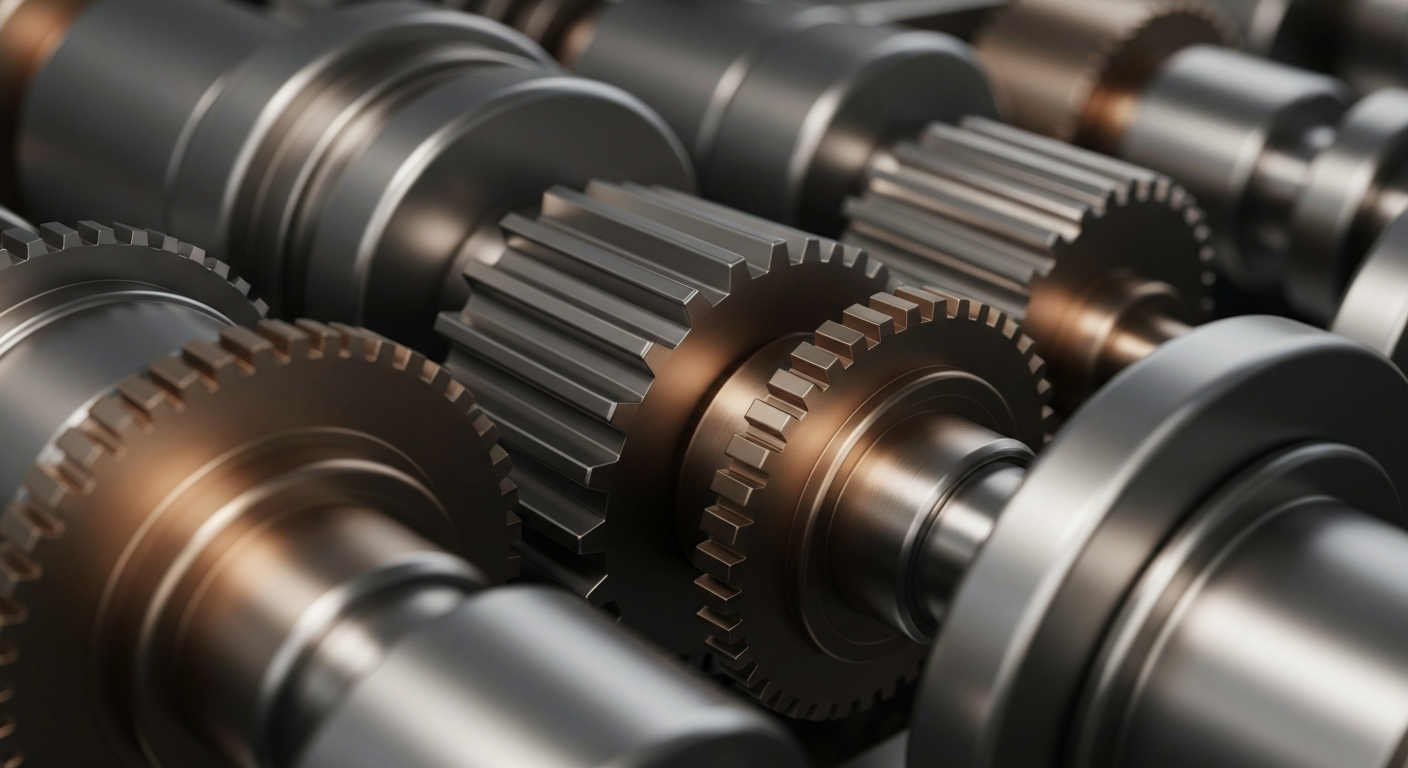 An extreme close-up of intricate, metallic banking machinery and gears, conveying the secure, industrial nature of financial transactions without using literal currency or charts.