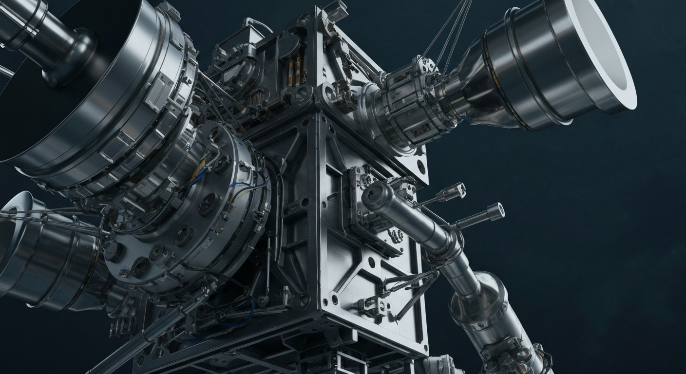 A highly detailed, black-and-white close-up photograph of the complex mechanical and electronic components that make up a satellite, conveying the technical sophistication of Planet Labs' Earth-imaging technology.