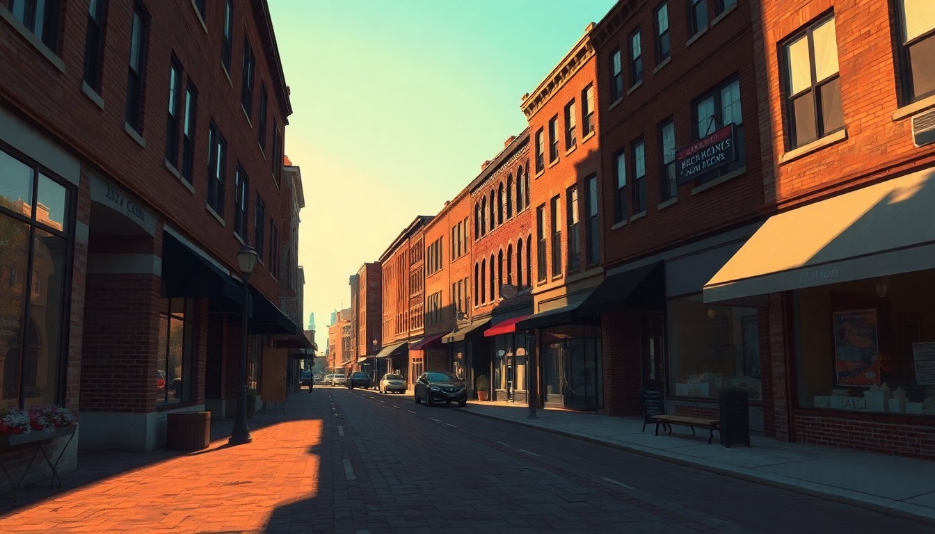 A nostalgic, cinematic painting of a quiet, sunlit street in downtown Alton, Illinois, with historic brick buildings and a glimpse of the Mississippi River in the distance, conveying the city's small-town charm and appeal as a tourism destination.