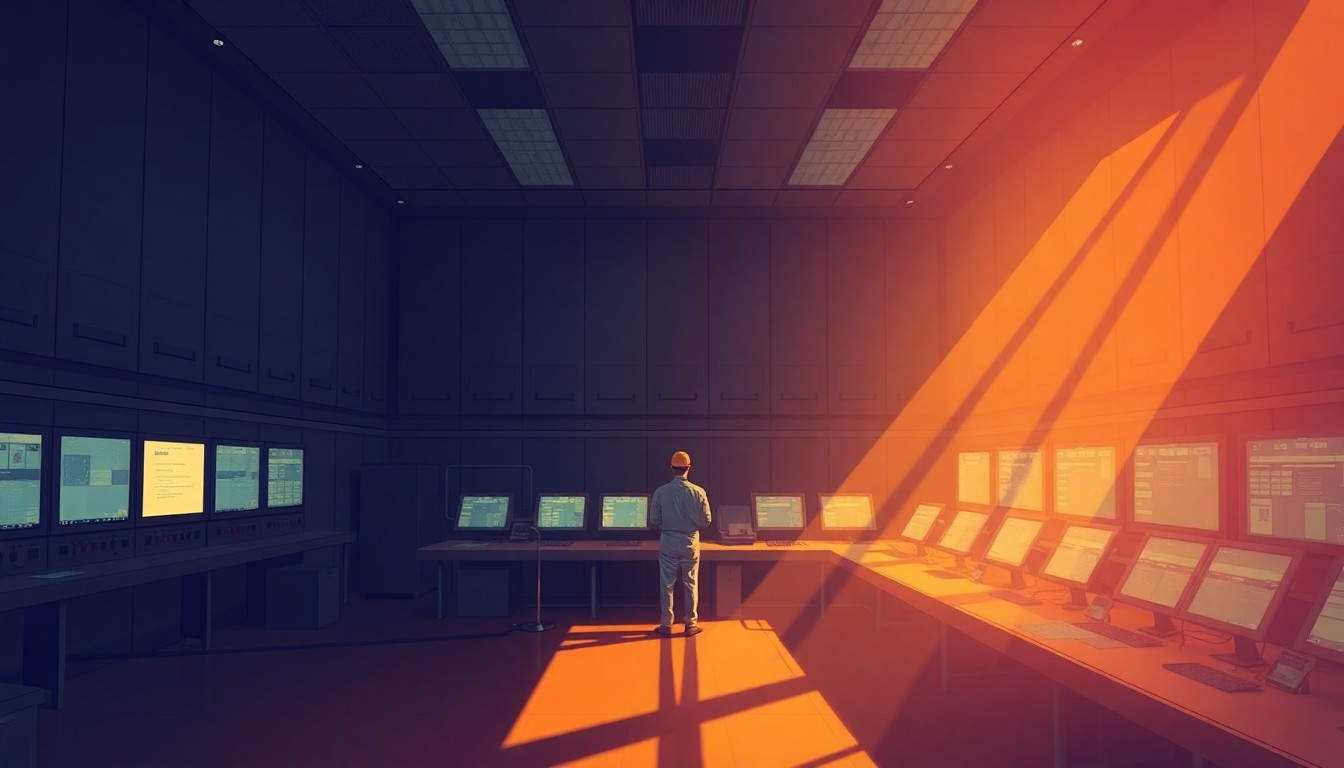 A dimly lit, cinematic painting of the interior of a nuclear power plant control room, with a single technician standing at a console surrounded by the glow of monitors and instrumentation. The scene conveys a sense of quiet contemplation and the gravity of the responsibility for safeguarding critical infrastructure.