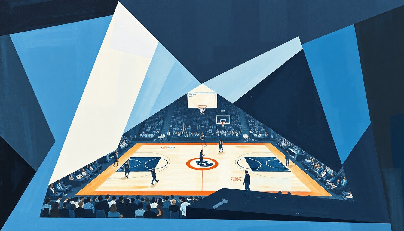 A cubist, geometric painting depicting a fragmented college basketball game, with sharp, overlapping planes in shades of blue, white, and black, conceptually representing the transition to new leadership for the UNC basketball program.