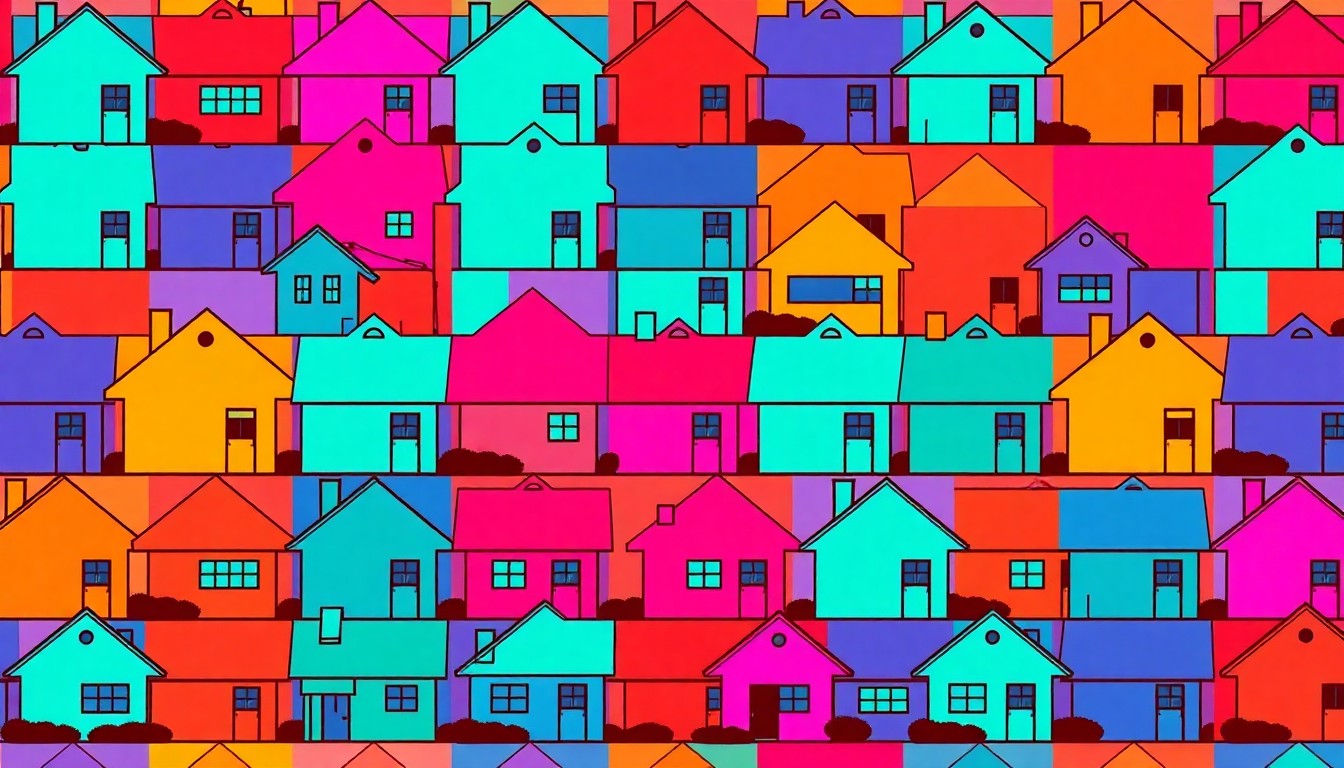 A bold, colorful silkscreen-style illustration featuring a repeated grid of a simple suburban house icon in bright, neon-like hues, conceptually representing a residential development plan.