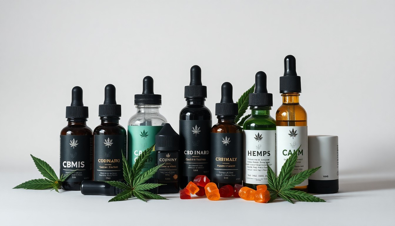 A high-end, photorealistic studio still-life photograph featuring a collection of premium hemp products including CBD oil tinctures, gummies, and vape cartridges arranged elegantly on a clean, monochromatic background, conceptually representing the regulatory challenges facing the hemp industry.