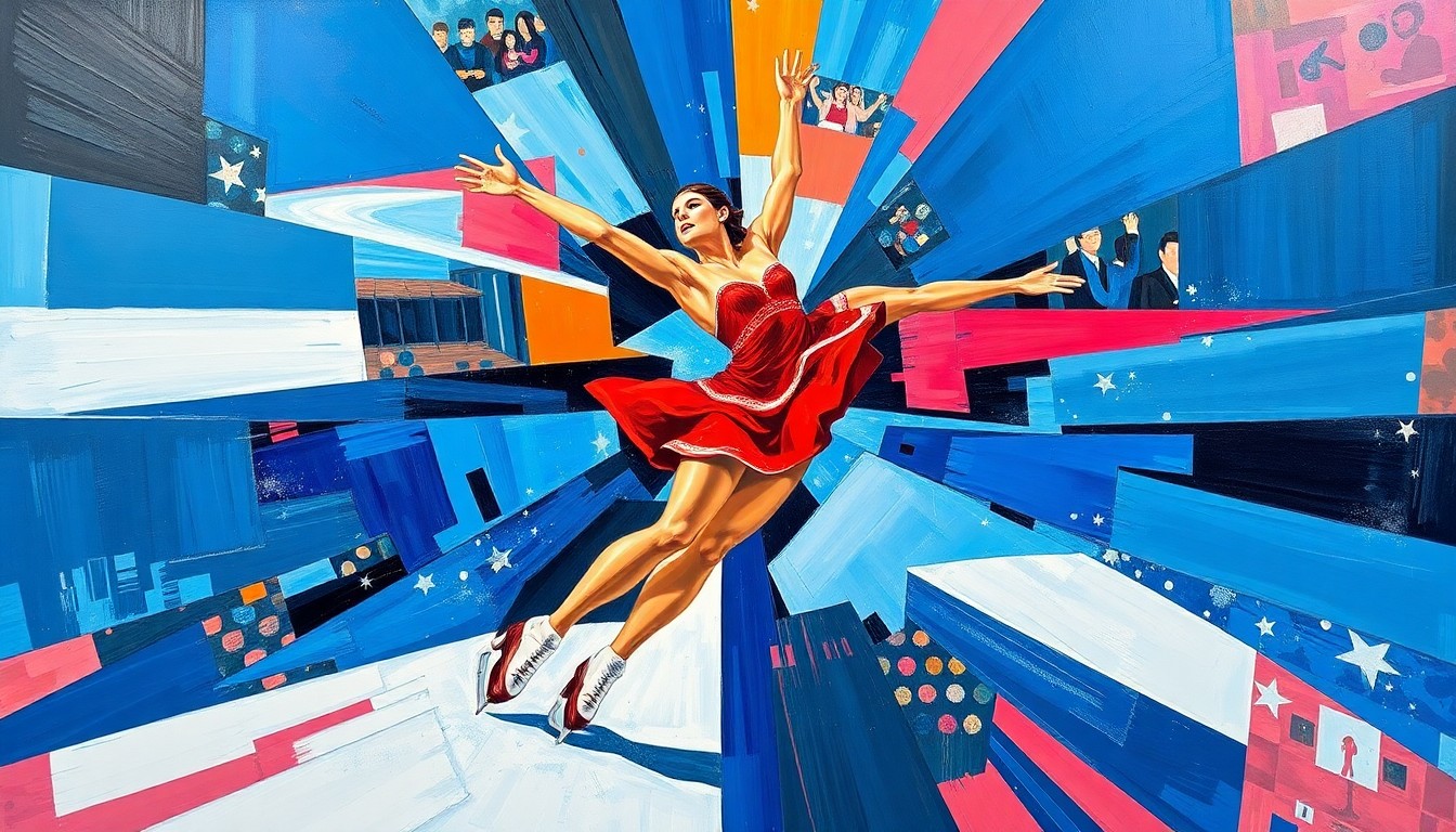 A fractured, cubist-style painting depicting a figure skater mid-performance, with sharp geometric shapes and planes of color capturing the dynamic motion and energy of the sport.