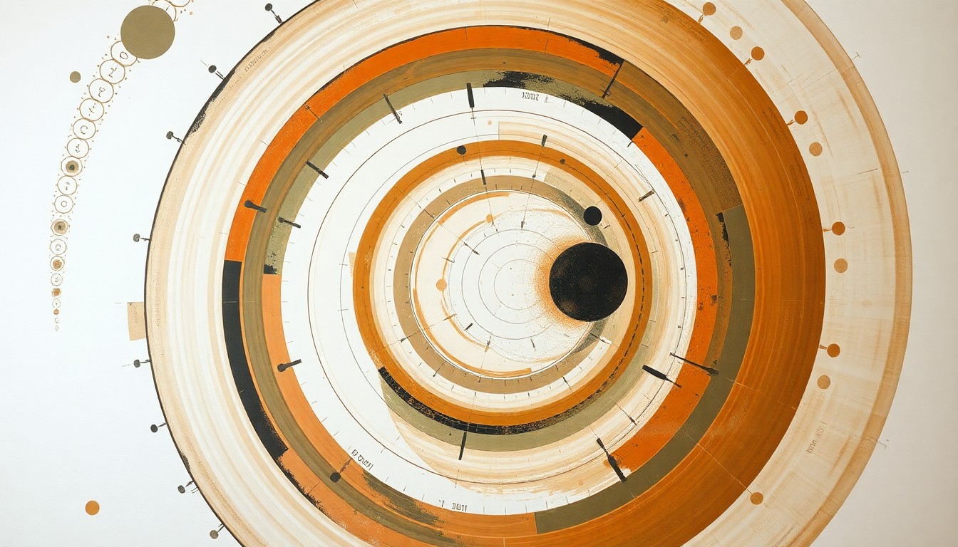 A highly structured abstract painting in muted earth tones, featuring sweeping geometric arcs, concentric planetary circles, and precise mechanical spirals, conveying the complex engineering and technological forces behind the Artemis moon missions.