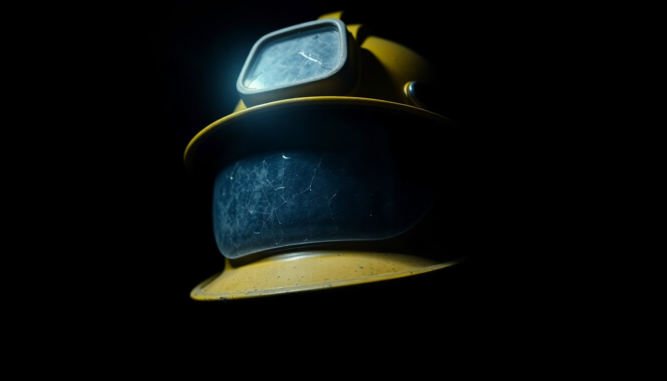 An extreme close-up photograph of a miner's helmet with a cracked visor, lit by a harsh, direct camera flash against a pitch-black background, conceptually representing the tragic loss of life in the Upper Big Branch mine explosion.