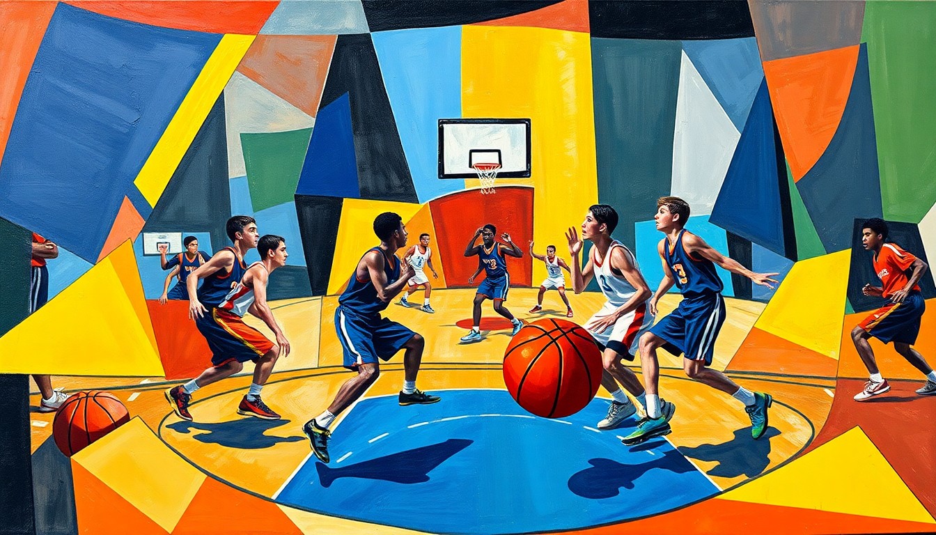A fractured, geometric painting depicting the dynamic movements and competition of a high school basketball game, with the players' figures abstracted into angular, colorful shapes.