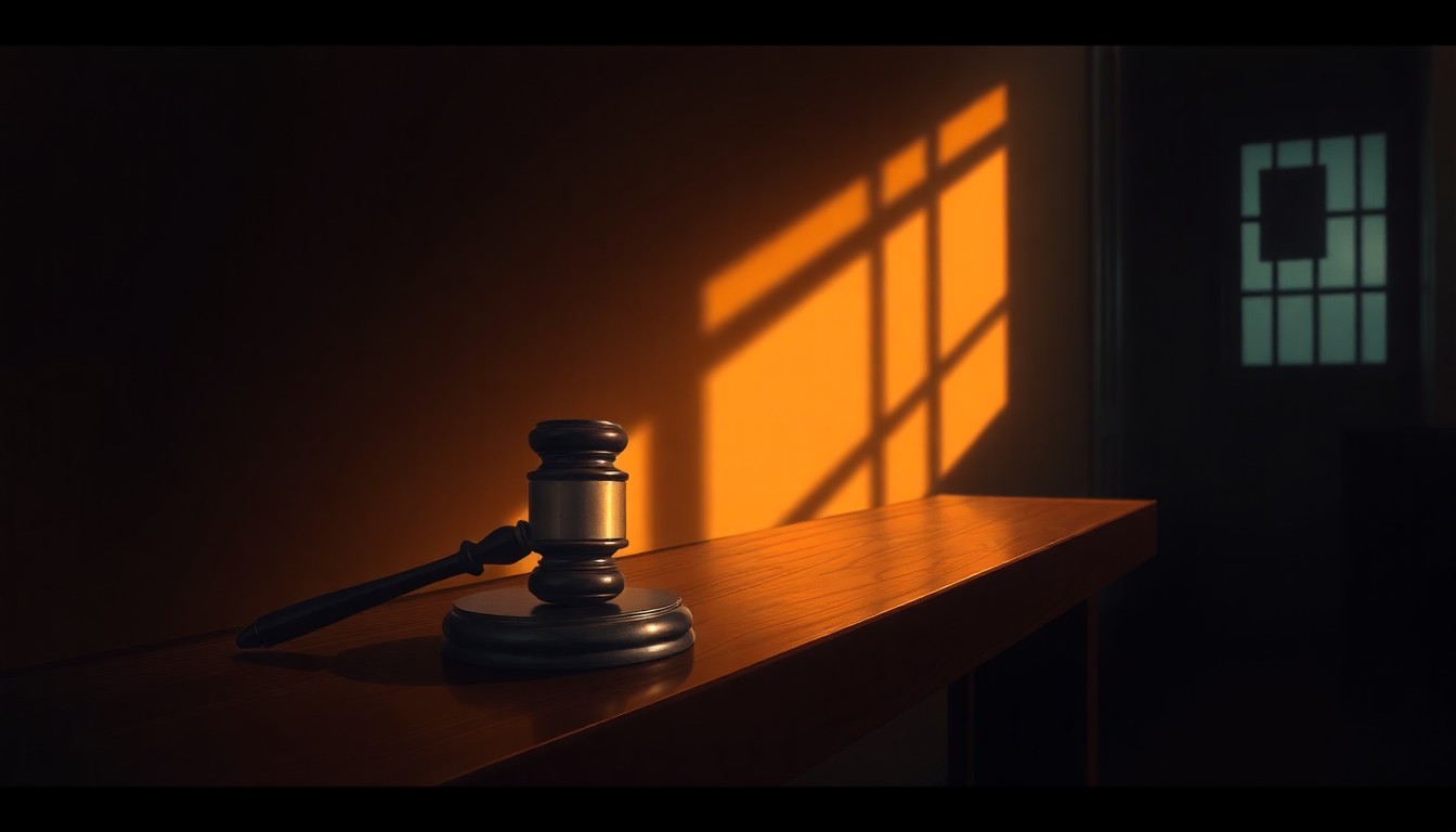 A close-up painting of a wooden judge's gavel resting on a bench, with warm sunlight and deep shadows creating a contemplative, cinematic mood.