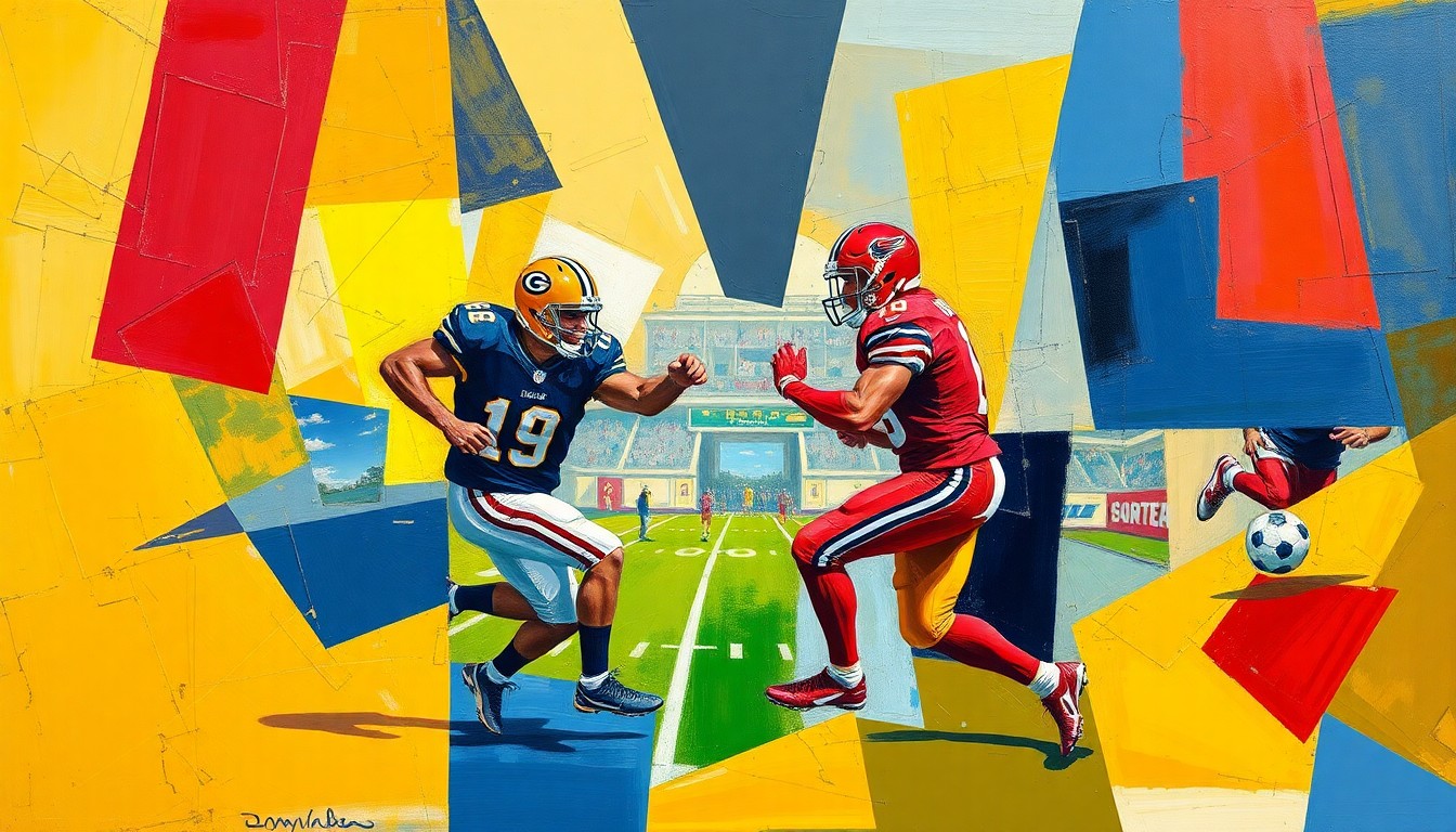 A cubist, geometric painting depicting a football game or match, with overlapping planes of color and shape representing the dynamic action on the field.