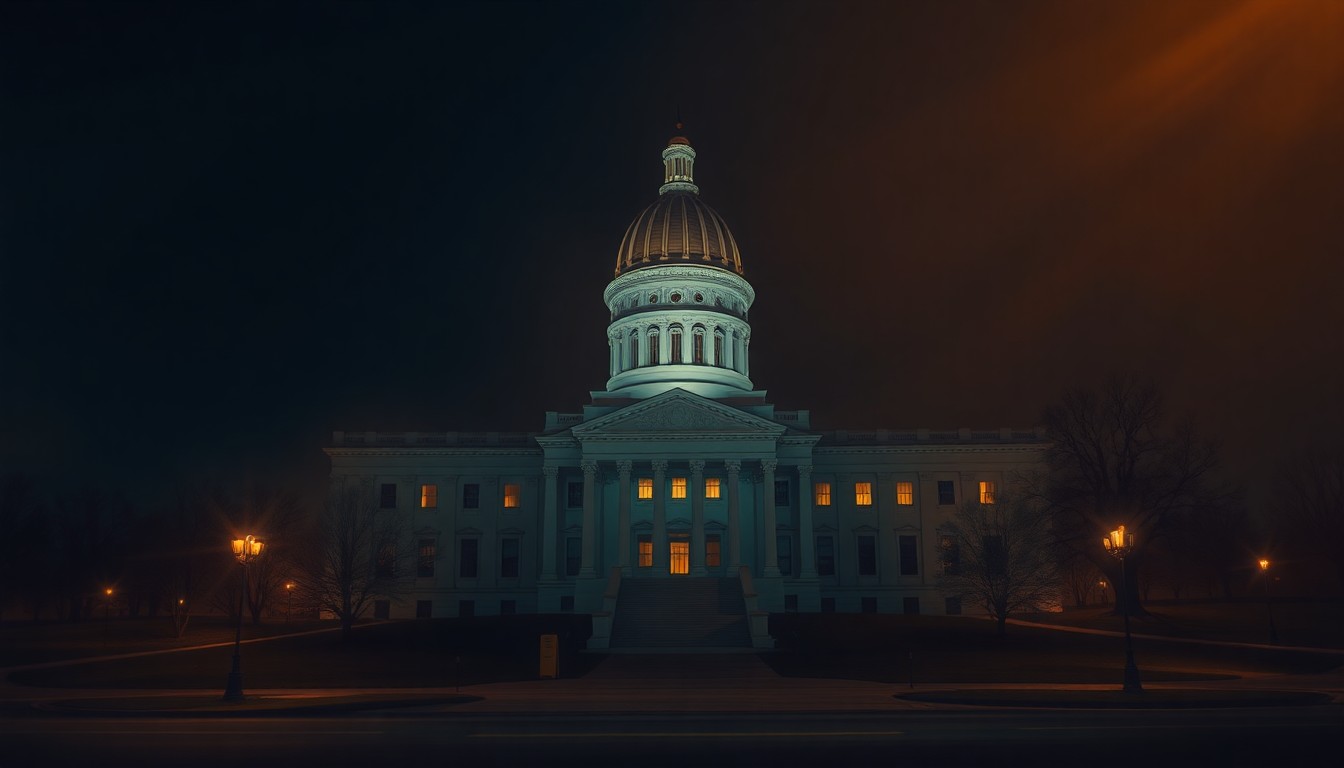 A quiet, cinematic painting of the Minnesota state capitol building at night, with warm diagonal shadows and fading daylight creating a nostalgic, melancholy mood.