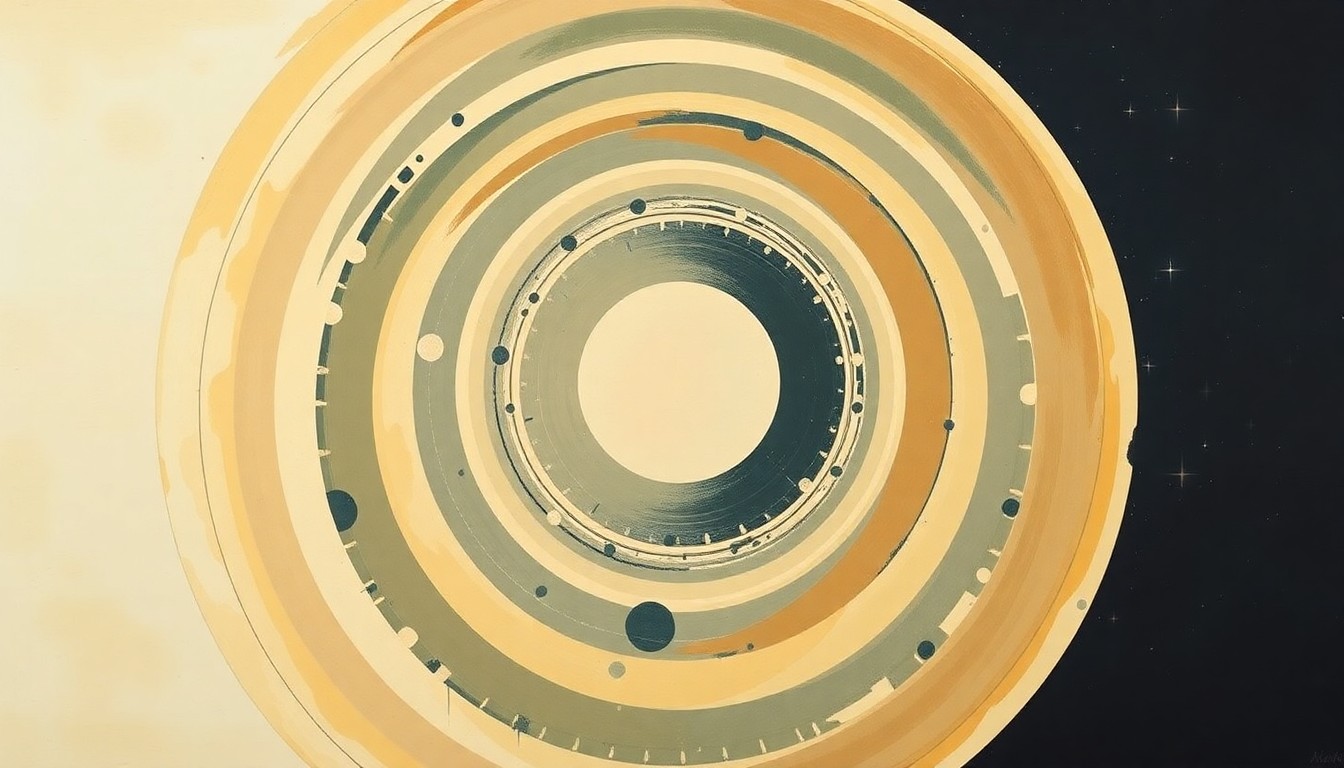 A highly structured abstract painting in earthy tones of ochre, sage, and indigo, depicting the Artemis II spacecraft's journey around the moon through sweeping geometric arcs, concentric planetary circles, and precise botanical spirals, conveying the structural order of the universe without using any text or symbols.