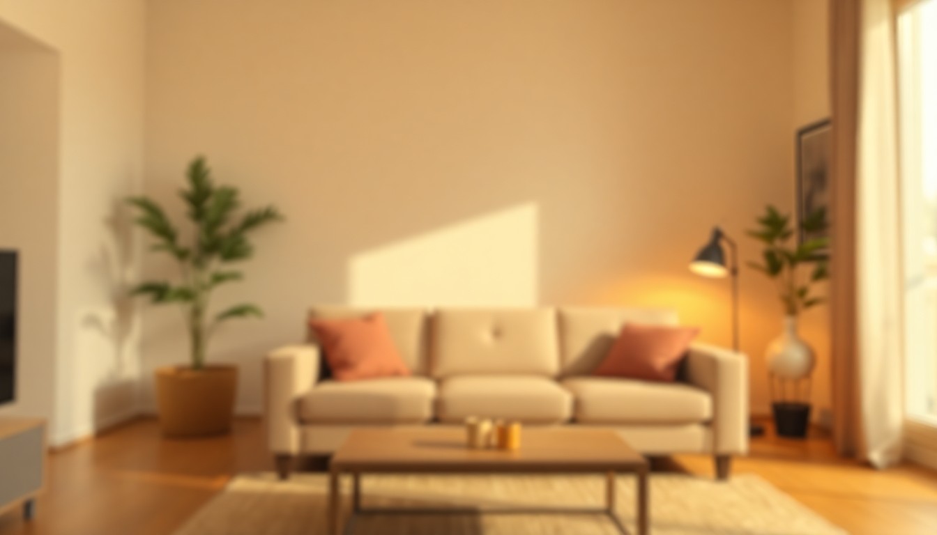 An abstract, out-of-focus photograph in warm, earthy tones depicting a cozy living room with a couch, coffee table, and floor lamp, conveying a sense of comfort and tranquility.