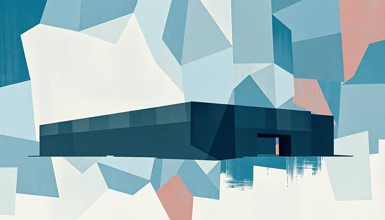 A fractured, abstract painting in shades of blue, grey, and red depicting the outline of a large warehouse structure, conveying the rapid expansion of immigrant detention facilities across the country.