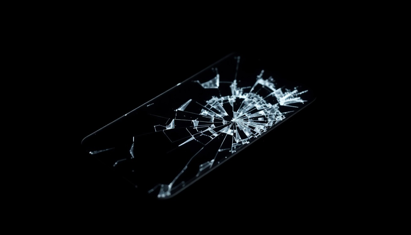 An extreme close-up photograph of a shattered cell phone screen against a pitch-black background, conceptually representing the aftermath of domestic violence without depicting any literal violence or victims.
