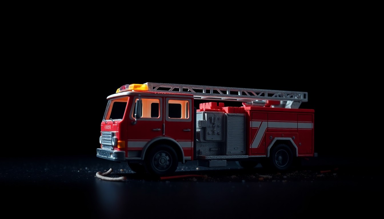 An extreme close-up photograph of a shattered toy fire truck, its once-vibrant red paint now dulled and cracked, reflecting the harsh light of a camera flash against a pitch-black background, conveying a sense of sudden, gritty violence.