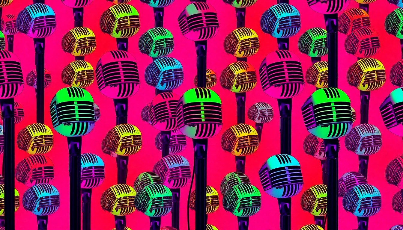 A bold, colorful silkscreen illustration featuring a repeated image of a microphone in a grid pattern, capturing the lively and celebratory spirit of karaoke performances.