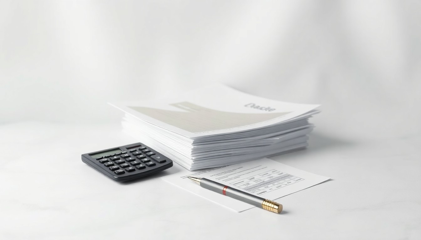 A minimalist studio still life photograph featuring a stack of financial documents, a calculator, and a pen arranged on a clean, monochromatic background, conceptually representing the abstract corporate strategy and financial impacts of the oil price crisis.
