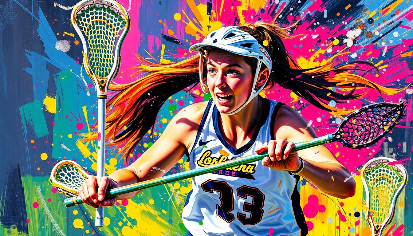 An abstract expressionist painting in vibrant neon colors, with rapid brushstrokes capturing the dynamic motion and energy of a girls lacrosse player in action, their face and uniform details dissolving into colorful splatters.