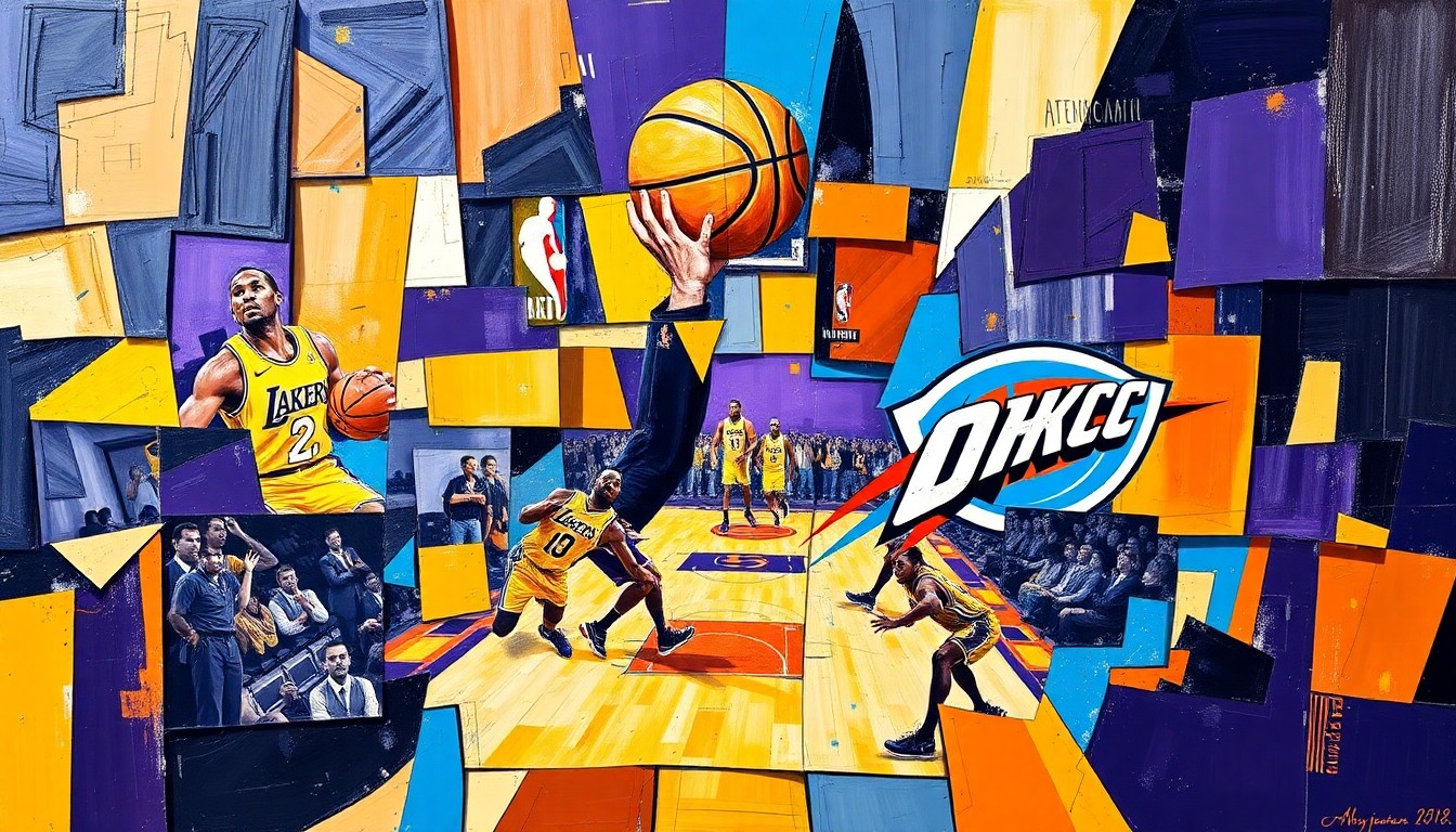 A fractured, geometric painting depicting the action of a basketball game, with sharp, overlapping planes of purple, gold, blue, and orange representing the Lakers and Thunder players and court.