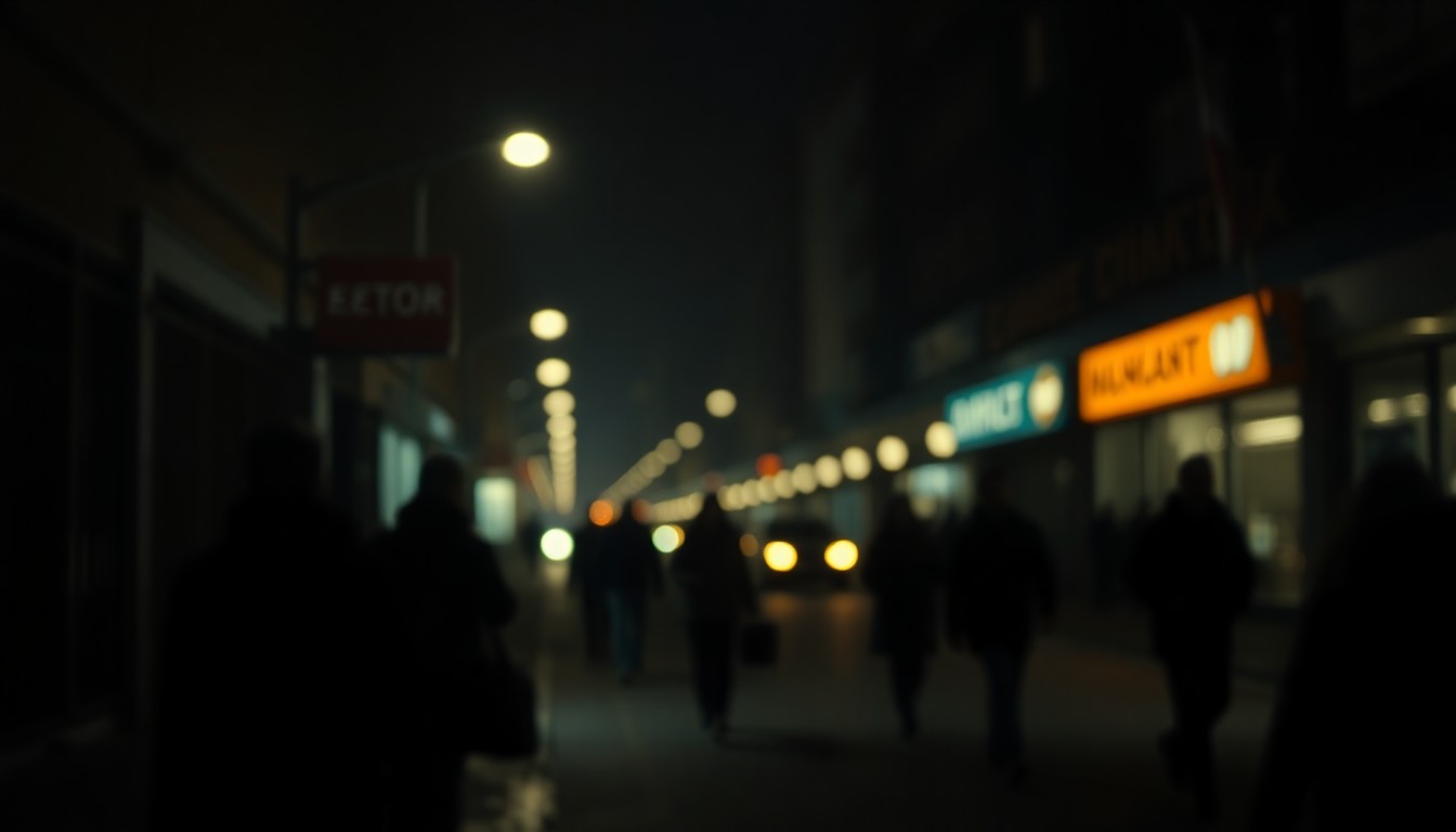 An abstract, out-of-focus photograph of a dimly lit city street at night, with blurred streetlights and silhouettes of people moving through the frame, conveying a sense of isolation and the difficulties faced by the homeless population.