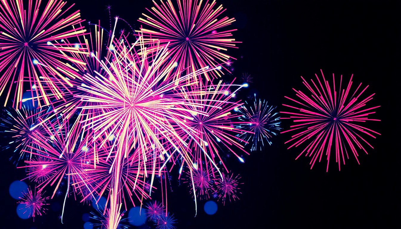 A brightly colored, high-contrast silkscreen print of a fireworks display, with the iconic bursts of light and color repeated in a tight grid pattern, capturing the celebratory spirit of July 4th festivities.