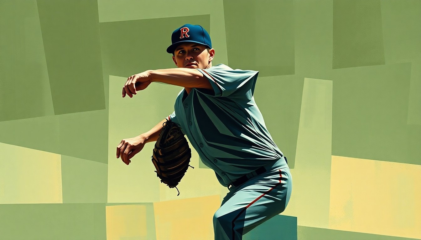 A cubist-style painting featuring overlapping geometric shapes and planes in muted earth tones, conceptually representing the fragmented and disrupted pitching motion of a baseball player, symbolizing the Blue Jays' injury-ravaged starting rotation.