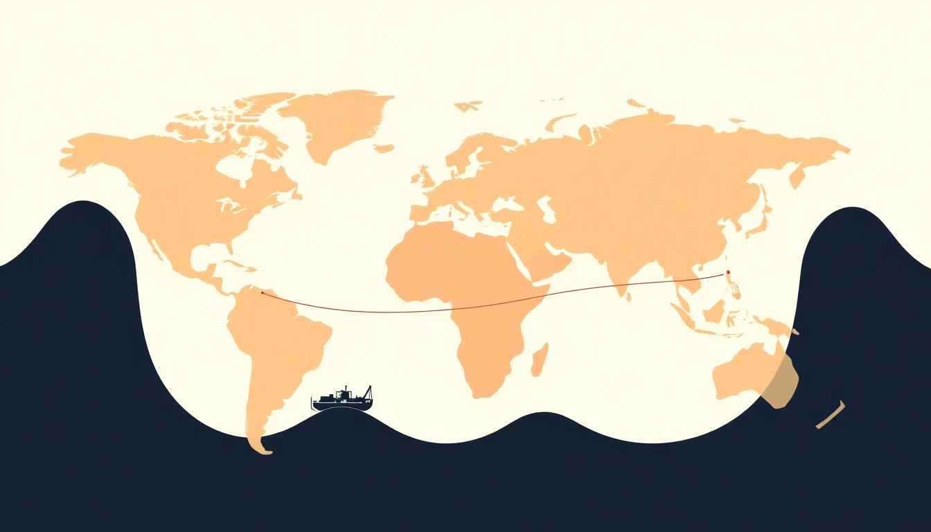 A geometric abstract illustration using bold shapes and primary colors to conceptually represent the complex global oil trade and transportation networks.