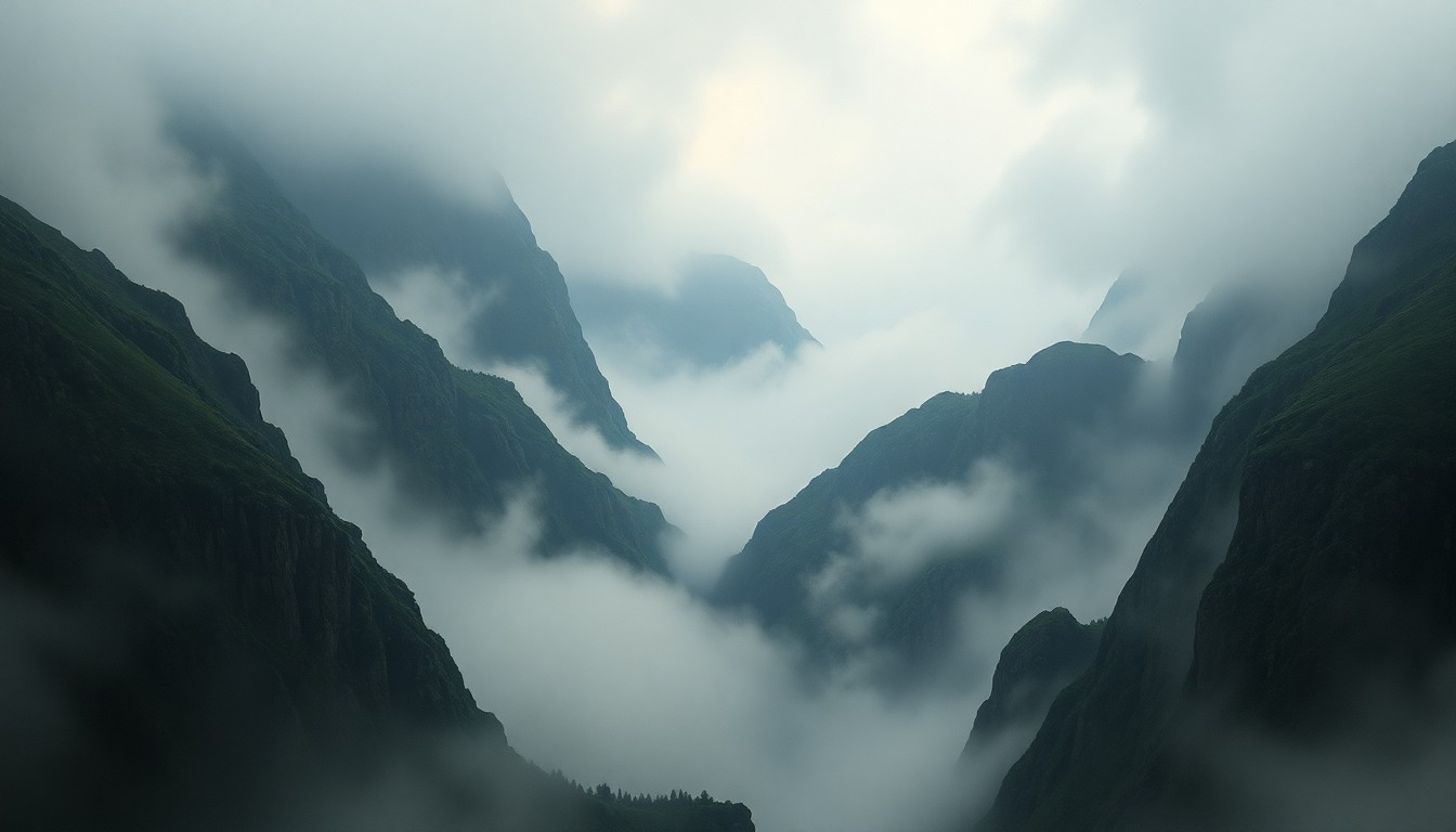 A sweeping, atmospheric landscape painting in muted tones of grey, blue, and green, depicting a rugged, mountainous region shrouded in heavy fog and mist, conveying a sense of the overwhelming, sublime scale of the natural world.