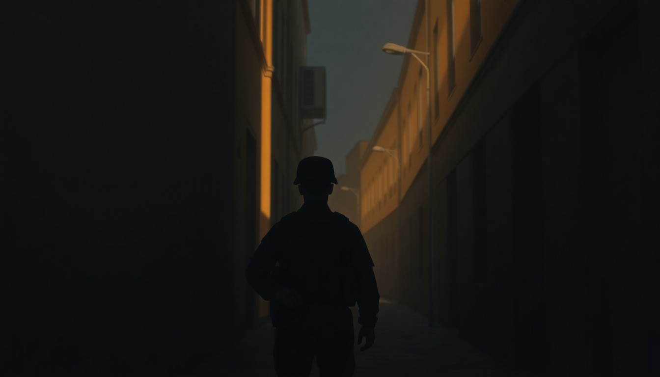 A realistic oil painting depicting a lone soldier in full military gear standing at attention in a dimly lit urban alleyway, the scene bathed in warm, diagonal sunlight and deep shadows, conceptually representing the discipline and solitary focus of a National Guard member.