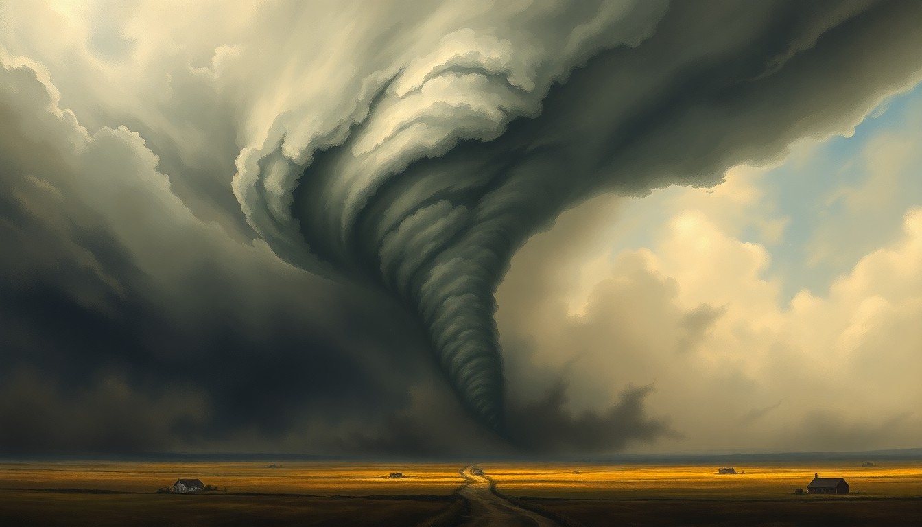 A sweeping, atmospheric landscape painting depicting a massive tornado dominating the center of the frame, with dramatic lighting and heavy brushstrokes conveying the raw power and sublime scale of the natural disaster.