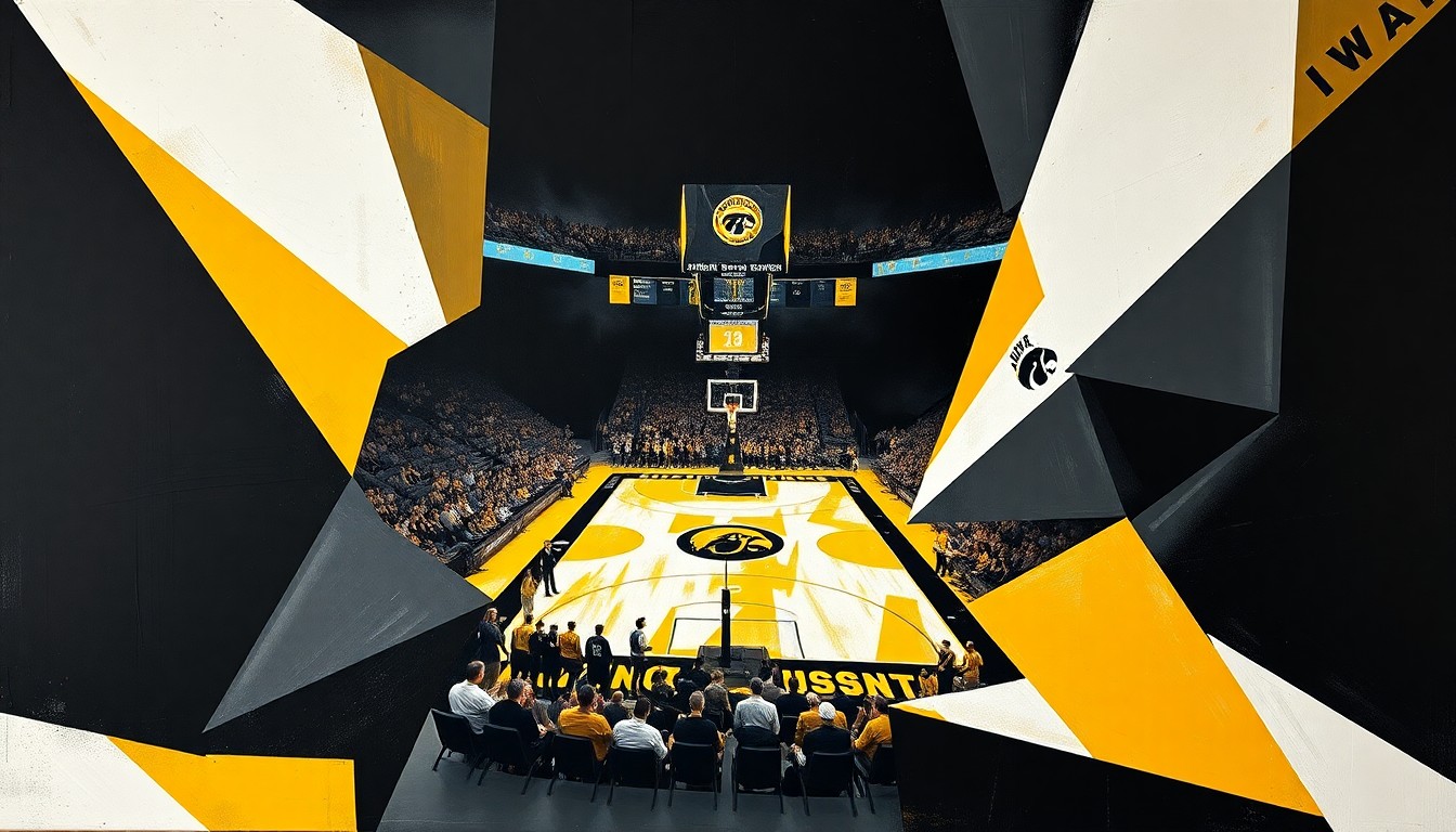 A cubist, geometric painting in black, gold, and white, depicting fragmented and overlapping shapes that represent the dynamic action of a college basketball game.
