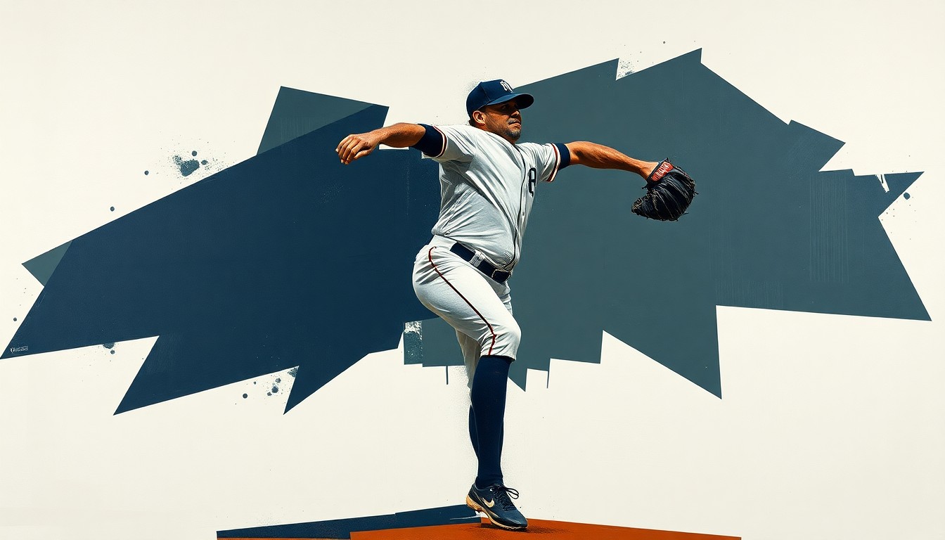 A cubist, geometric painting that breaks down a baseball pitcher's throwing motion into sharp, overlapping planes of navy, slate, and olive, conceptually representing the uncertainty and fragility surrounding a young pitcher's injury.