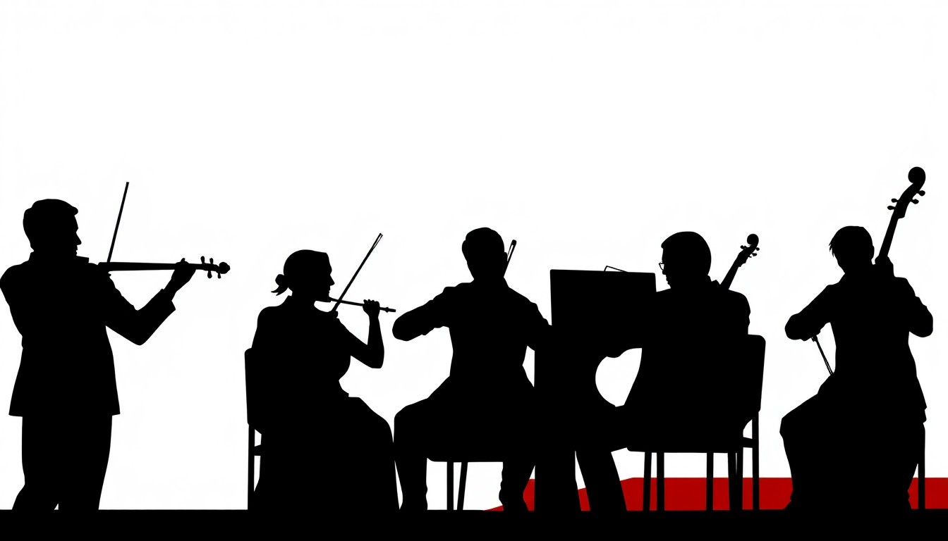 A striking abstract illustration featuring bold black silhouettes and geometric shapes in red and white, conceptually representing the dynamic performance of a symphony orchestra.
