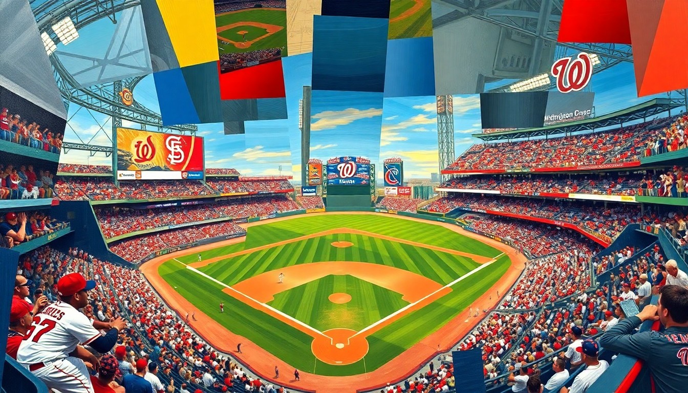 A fragmented, geometric painting in bold colors depicting a baseball game between two teams, with players and the stadium setting broken down into sharp, overlapping planes.