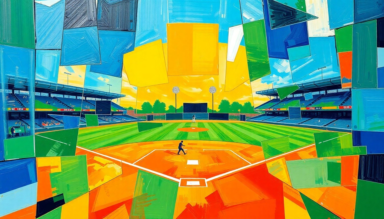 A cubist, geometric painting depicting a high school baseball or softball game, with overlapping planes of color and motion, capturing the energy and passion of the sport.