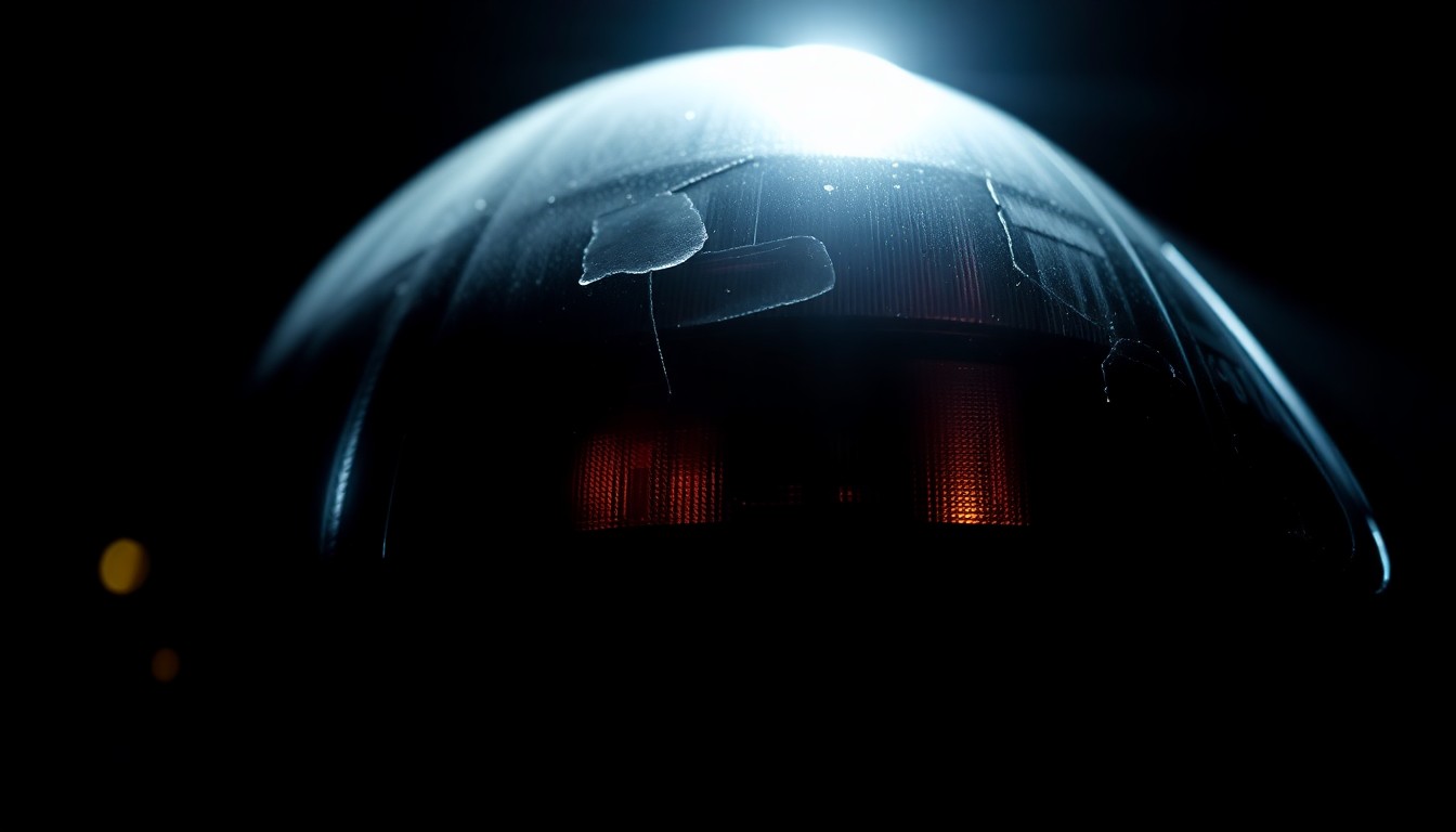 An extreme close-up of a damaged car part, such as a shattered side mirror or broken taillight, reflecting a harsh, direct camera flash against a pitch-black background, conceptually illustrating the aftermath of a hit-and-run accident.