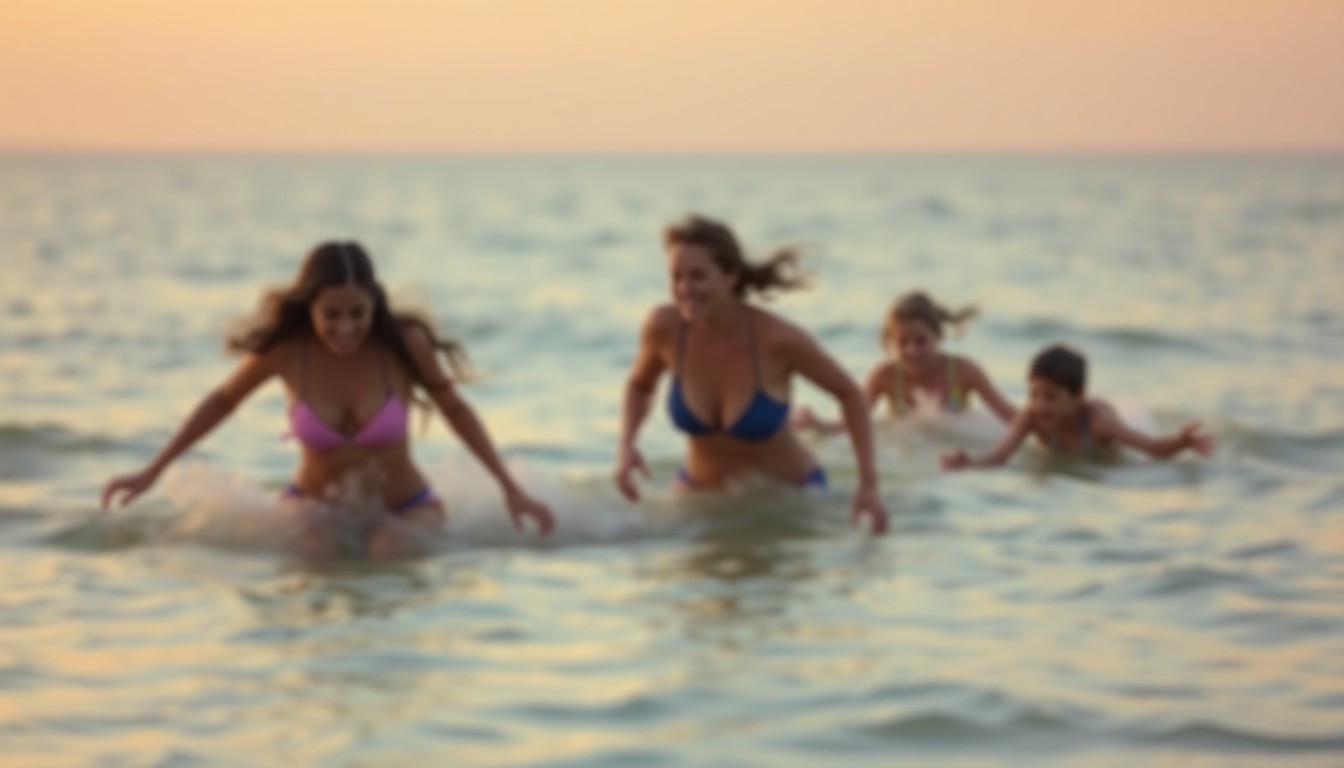 An abstract, out-of-focus photograph depicting a family playing in the ocean, with warm hues of orange and pink creating a dreamlike, nostalgic atmosphere. The figures are indistinct, but the sense of joy and connection is palpable, conceptually representing the bittersweet emotions surrounding this tragic incident.