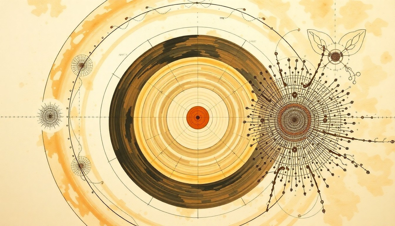 An abstract, highly structured painting in muted greens, browns, and blues, featuring sweeping geometric shapes and precise botanical spirals, conceptually representing the complex chemical forces and molecular structures involved in insect olfaction.
